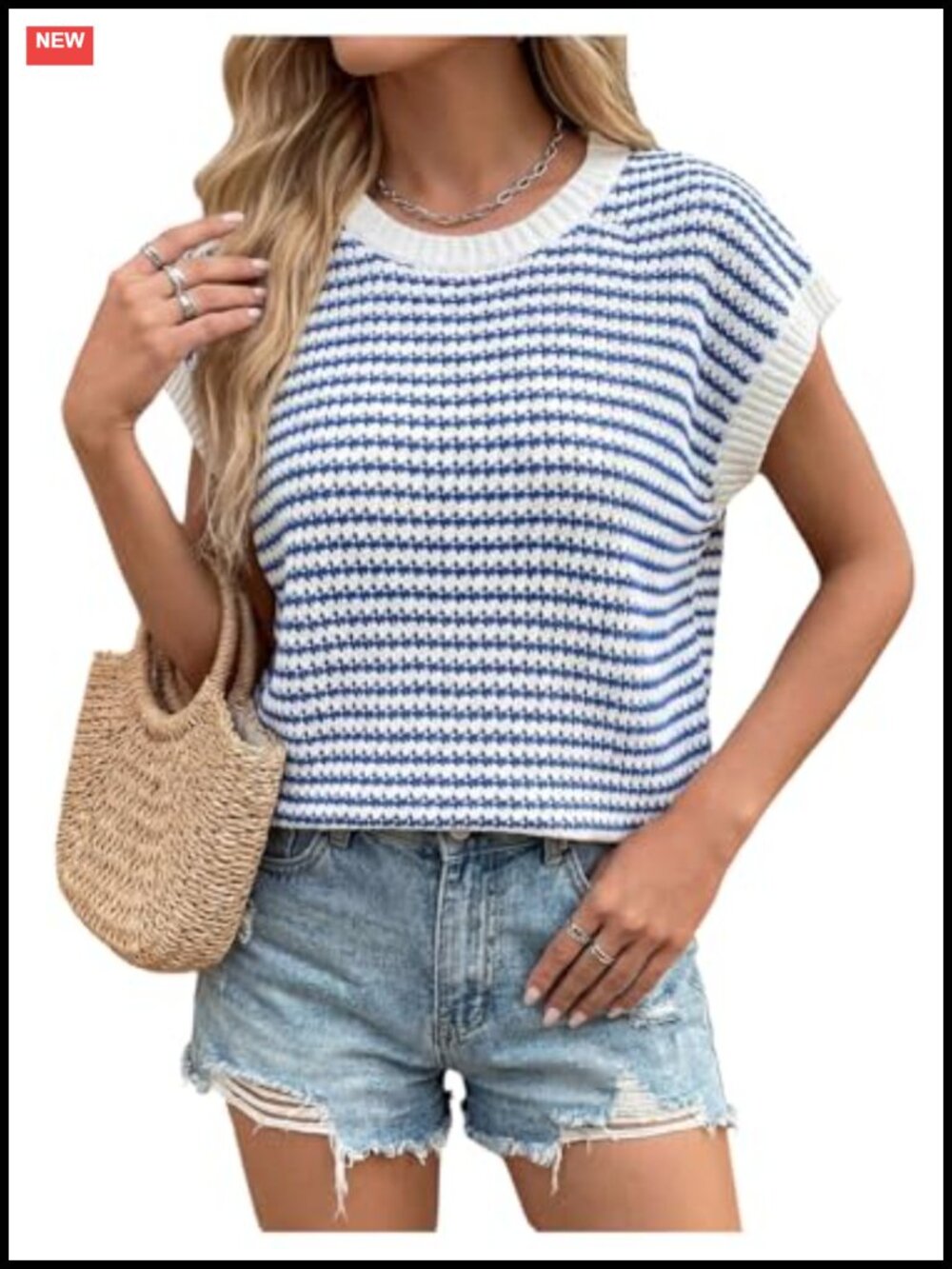 Women's Crochet Cap Sleeve Sweater Vest Striped Knit Pullover Top